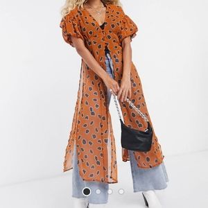 US 6 Orange Longline Blouse/Sheer Maxi Top